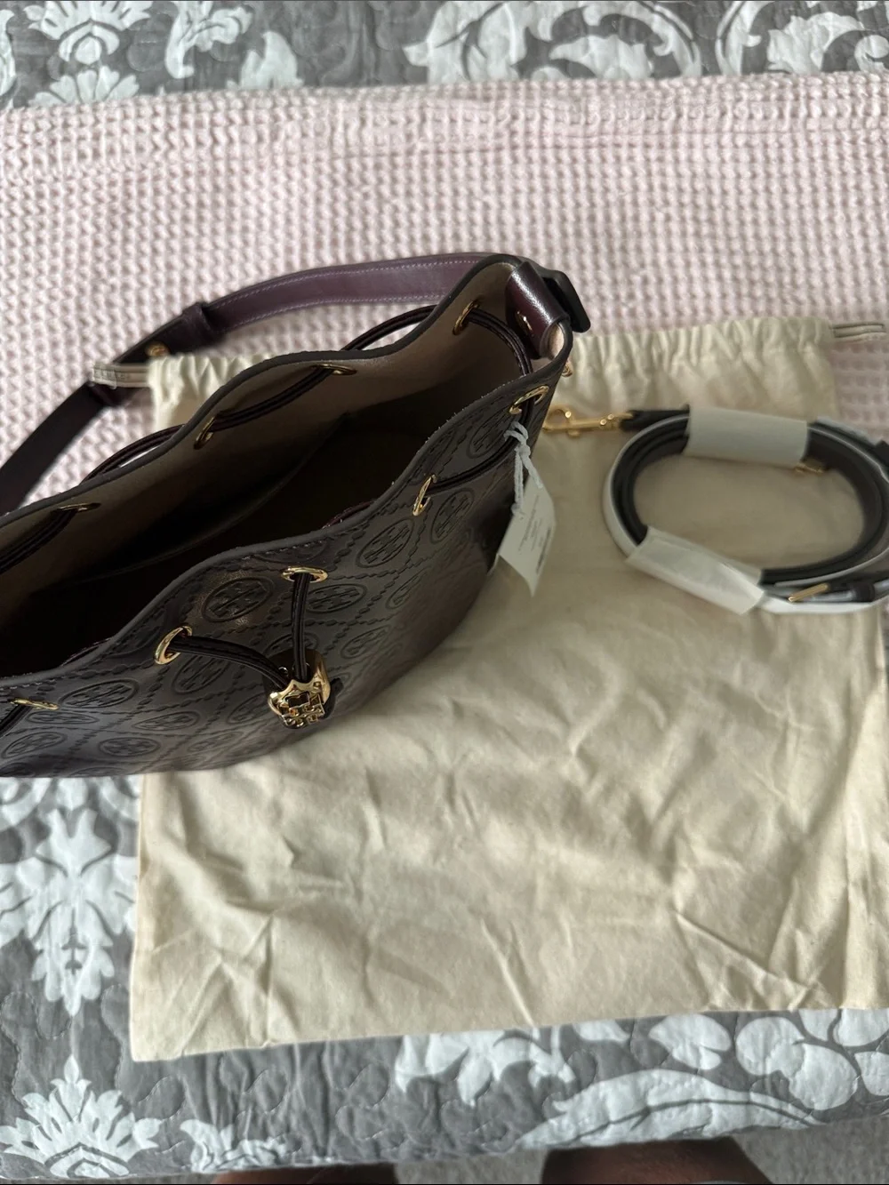 Tory Burch Embossed Maroon Leather Drawstring Bucket Bag with Gold Hardware NWT